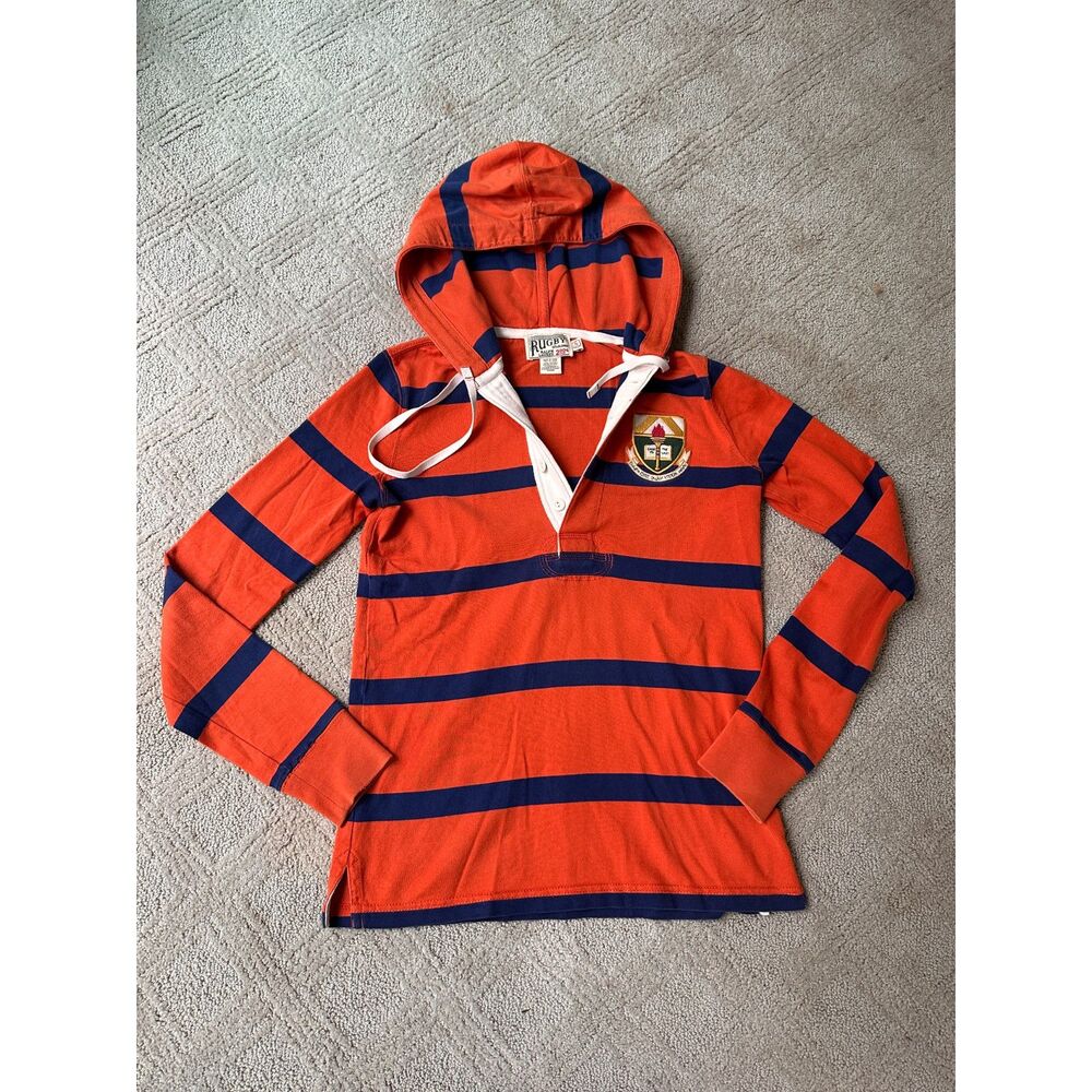 Rugby Ralph Lauren Orange Navy Stripe Hooded Rugby Shirt Long Sleeve Top